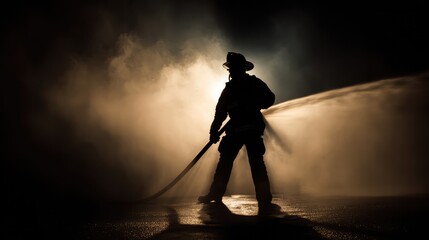 Fototapeta premium The silhouette of a firefighter wearing protective gear at work. His serious working attitude highlights the intensity and danger of firefighting.