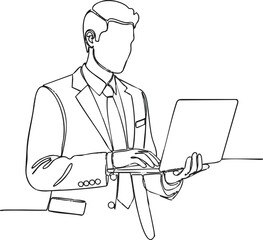 create need Single one line drawing businessman holding and typing laptop in his hand, Portrait of a working man at a computer laptop. One continuous drawing line logo single hand drawn art. on white 