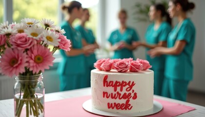 Nurse Week celebration with cake, flowers. Nurses in scrubs gathered in background. White cake decorated with pink roses, red lettering saying happy nurse week. Healthcare professionals honored with