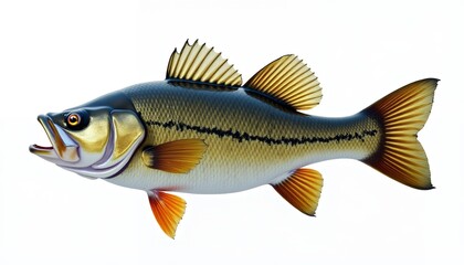 Detailed fish with golden fins and dark stripe bass aquatic