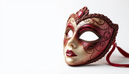 venetian mask isolated on white background, optimized for photo use with ample copy space at the top, subject positioned clearly under sunbeam in glossy modern style.