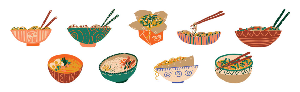 Noodles in Bowl and Cardboard Box with Chopstick Vector Set