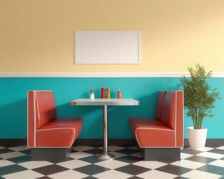 retro diner ambiance with playful colors and nostalgic design