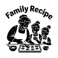 Grandmother and grandchildren bake cookies together following family recipe fun activity