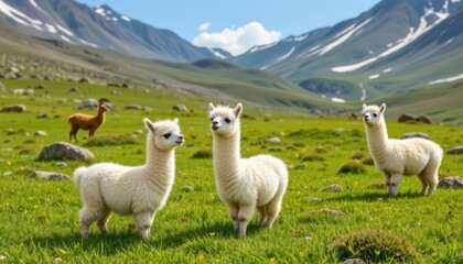 Fototapeta premium cute alpacas in the andes keywords: cute alpacas, peruvian andes, cartoon llama, snowy rocks, green meadow, white llama, andean guanaco