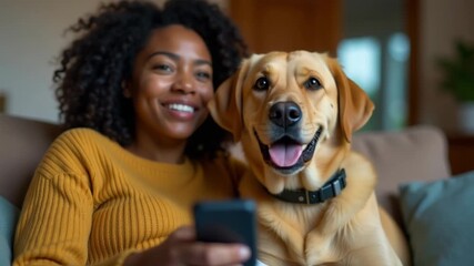 A woman sits on a couch with her loyal companion dog