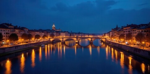 Obraz premium City lights illuminate European rivers and bridges at night , river, photography, dark