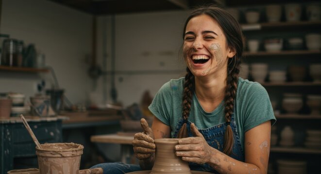 Joyful artisan creating pottery on a wheel, splattered with clay, embracing her craft