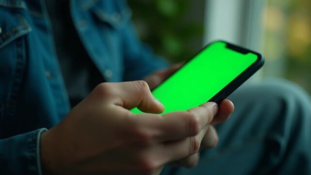 A person holding a smartphone with a green chroma key background, suitable for superimposing graphics or text