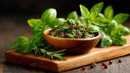This culinary image features a bowl of freshly made basil pesto surrounded by vibrant green basil leaves and various ingredients, ideal for food lovers and chefs.