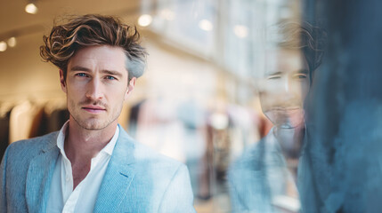 Fototapeta premium Handsome male model portrait blazer urban reflection window bokeh stylish Confident gaze soft light captures handsome male model light blazer, urban reflection glass with bokeh glow, calm mood