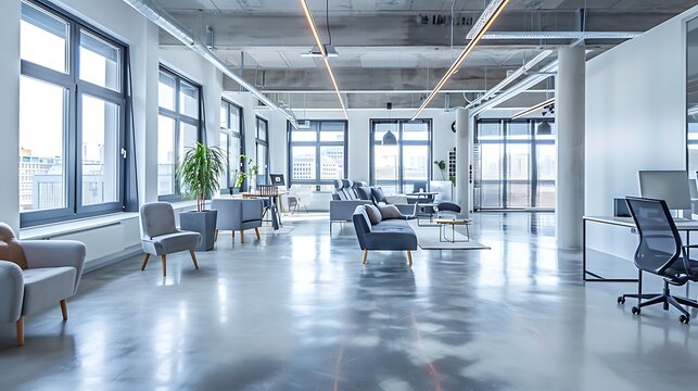 Experience the epitome of modern design with this expansive, light-filled open-plan office space featuring comfortable seating and panoramic city views.