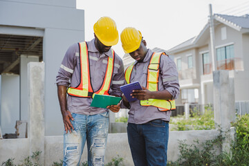 Two men in construction gear looking at a tablet