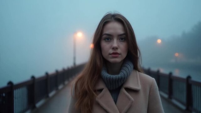 A young woman, 25 years old, wearing a soft wool coat, standing on a quiet bridge, with fog rolling over the water and streetlamps glowing softly behind her.