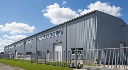 Obraz premium A large, modern warehouse building stands out against a vibrant, partly cloudy sky.