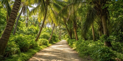 Obraz premium Sun-dappled dirt path winds through lush tropical foliage under palm trees