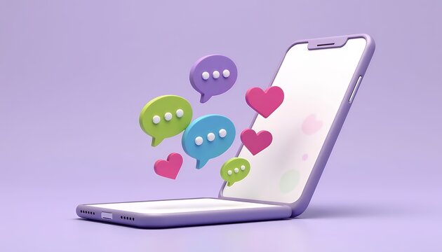 Purple smartphone with colorful chat bubbles and hearts communication social media