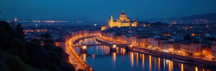 Obraz premium Vast panorama of glittering European city at night , European, scenic