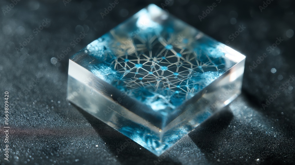 Poster a clear crystal block displays a mesmerizing blue pattern, casting reflections on a dark background.