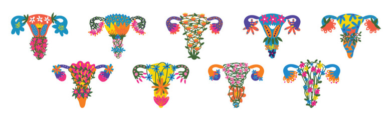 Healthy Female Reproductive System with Bright Flowers and Plant Vector Set