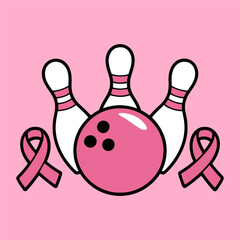 Pink Bowling Ball and Pins with Breast Cancer Awareness Ribbons Illustration