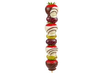 PNG cut out isolated background. A studio photograph of a gourmet fruit skewer. Fresh strawberries and cherries are dipped in dark and white chocolate and arranged on a stick