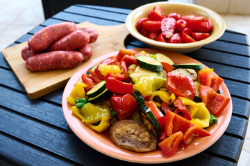Grilled Vegetables and Sausage Platter, Cherry Tomatoes