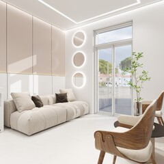 Bright dental clinic waiting area with modern sofa, wooden chairs, soft lighting, and large windows, creating a calm and welcoming atmosphere for patients
