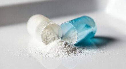 A blue and white capsule lies open, spilling its white powdery contents onto a bright white surface, suggesting medication or supplements.