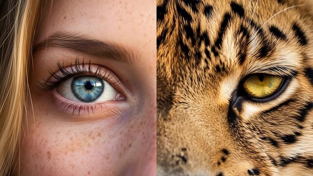 A close-up comparison of a human eye and a jaguar's eye, highlighting the similarities and differences in their features.