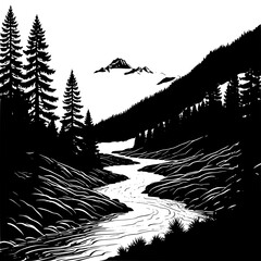 Fototapeta premium A monochrome landscape with river mountains and evergreen trees view