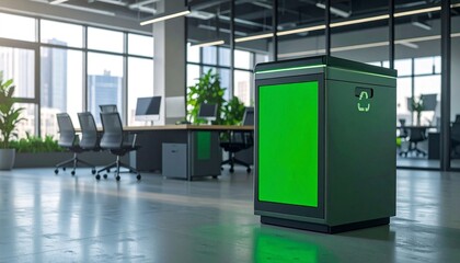 Modern office space featuring three green-lit server units with sleek dark exteriors, surrounded by desks, monitors, and potted plants