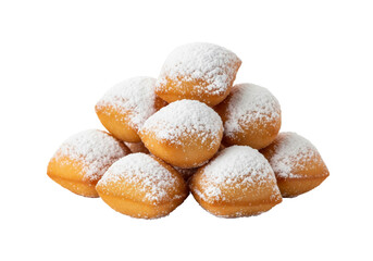 Fototapeta premium PNG cut out isolated background. A studio photograph of a pile of fresh, hot beignets. The puffy, pillow-shaped fried dough pastries are generously covered in powdered sugar, a famous sweet treat from