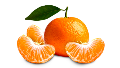 fresh clementine orange with stem and leaves near there is peeled oranges