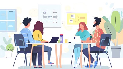 Diverse team collaborates on project using laptops in modern, bright office space, fostering innovation and productivity with plants and charts visible