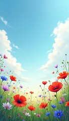 Obraz premium Vibrant wildflower field with red poppies, blue cosmos, purple flowers under clear blue sky with soft clouds. Green grass. Peaceful spring summer nature scene, idyllic backdrop for artistic concepts.