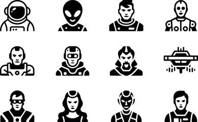 Sci-fi Character Icons: Futuristic Astronauts, Aliens, and Robots in Bold Black Glyph Style