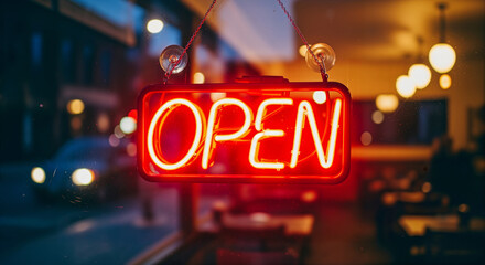 Glowing 'OPEN' Neon Sign Hanging in Restaurant Window at Night