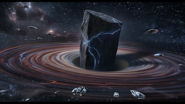 Ancient alien monolith floating near a black hole, protected by a fleet of advanced warships. The monolith pulses with an unknown energy. The ships are sleek and silver. The black hole's gravity creat