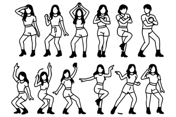 Vector illustration of female K-pop dancers in twelve dynamic poses, capturing the energy and style of Korean pop music. Perfect for music, entertainment, dance, and cultural designs, posters