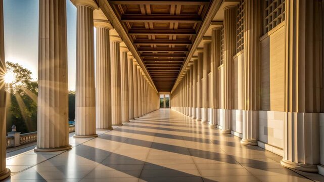 Bright corridor with classical columns and sunlight shadows illuminating building interior architecture design
