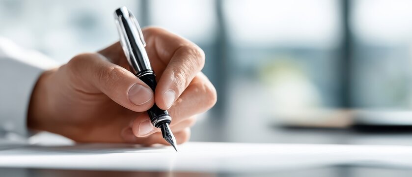 [The fountain pen signing an important business document on a modern office desk] - Powered by Adobe