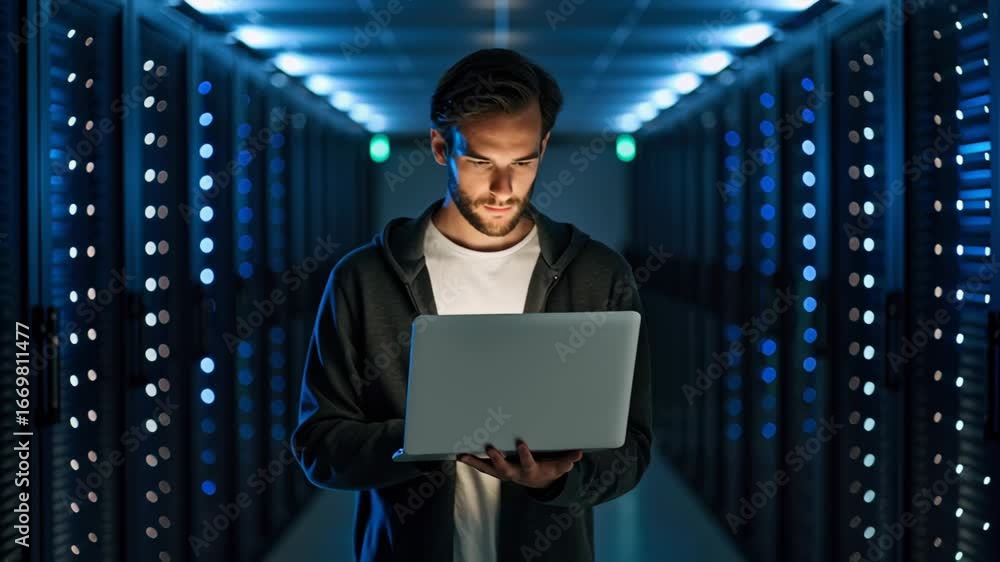 Poster ai support for financial institutions enhances customer service with man using laptop secure data ce