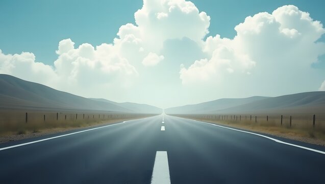 The Open Road A Journey to the Horizon Under a Vast Sky Endless Highway Disappearing Into the Mist of the Future Road to Tomorrow A Straight Path Between Rolling Hills A Solitary Drive Freedom