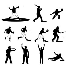 Silhouettes of Baseball Players in Action With Bats and Mitts in a Dynamic Grid