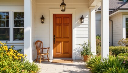 weling entryway with wooden chaira warm and inviting entryway shot of a cozy house, the scene is set under pure brightness, creating an atmosphere of openness and relaxation