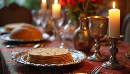 Naklejka premium Elegant Passover Seder table set with matzah, candles, holiday decor. Features ornate silverware, wine goblet, floral arrangement. Warm, inviting atmosphere for religious observance, family gathering.