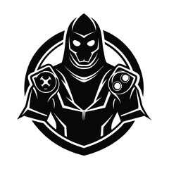 Stylized black and white emblem of a futuristic warrior in a circle