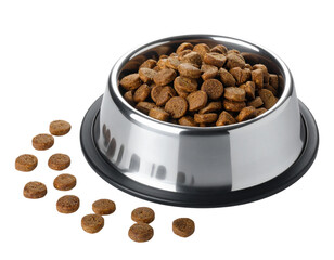 Angled View of Stainless Bowl with Overflowing Pet Food and Scattered Pieces, isolated on white