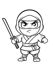 Cartoon Ninja Warrior with Katana Ready for Action in Black and White Outline Style for Coloring Pages and Print